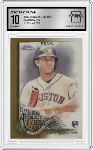 Jeremy Pena from the 2022 Topps Allen & Ginter Chrome set featuring a Gold Refractor  parallel graded by Arena Club and given an overall grade of 10.