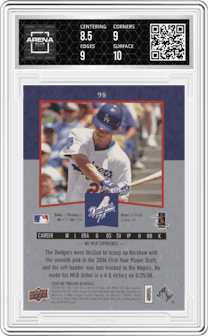 Clayton Kershaw from the 2008 Upper Deck Timeline set graded by Arena Club and given an overall grade of 9.