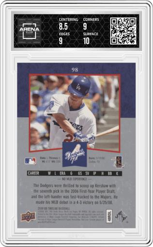 Clayton Kershaw from the 2008 Upper Deck Timeline set graded by Arena Club and given an overall grade of 9.