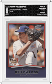 Clayton Kershaw from the 2008 Upper Deck Timeline set graded by Arena Club and given an overall grade of 9.