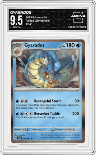 Gyarados from the 2023 Pokemon SV set graded by Arena Club and given an overall grade of 9.5.