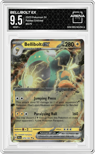 Bellibolt EX from the 2023 Pokemon SV set graded by Arena Club and given an overall grade of 9.5.