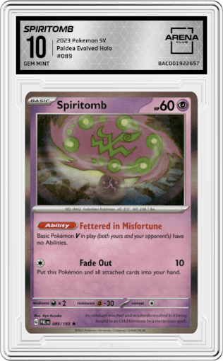 Spiritomb from the 2023 Pokemon SV set graded by Arena Club and given an overall grade of 10.