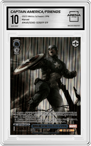 Captain America/Friends from the 2023 Weiss Schwarz JPN set graded by Arena Club and given an overall grade of 10.