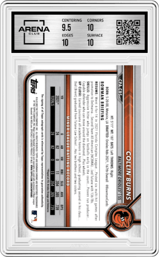 Collin Burns from the 2022 Bowman Chrome set featuring a Superfractor parallel graded by Arena Club and given an overall grade of 10.