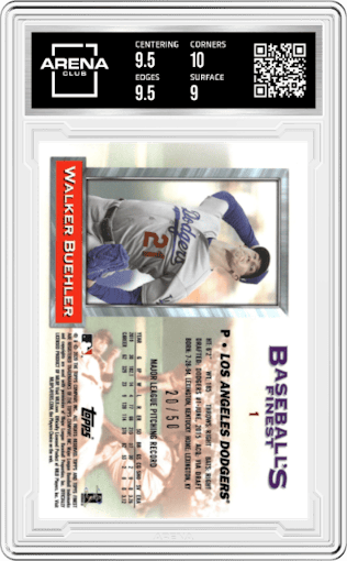 Walker Buehler from the 2020 Topps Finest Flashbacks set featuring a Gold Refractor parallel graded by Arena Club and given an overall grade of 9.5.