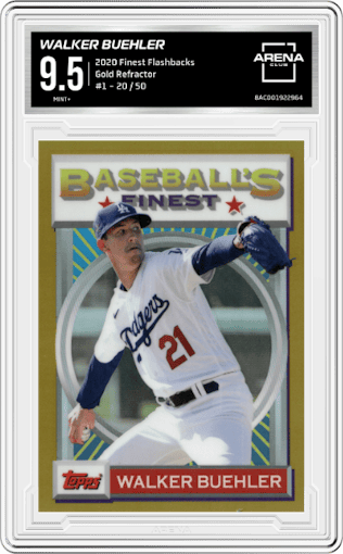 Walker Buehler from the 2020 Topps Finest Flashbacks set featuring a Gold Refractor parallel graded by Arena Club and given an overall grade of 9.5.