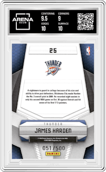 James Harden from the 2009-10 Panini Certified set graded by Arena Club and given an overall grade of 9.5.