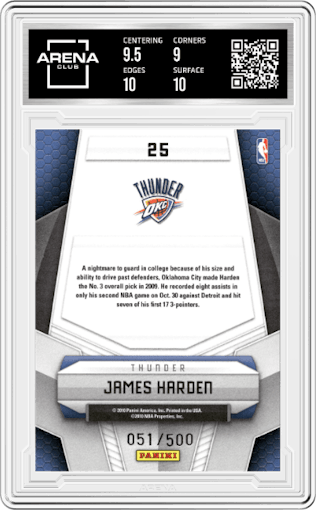 James Harden from the 2009-10 Panini Certified set graded by Arena Club and given an overall grade of 9.5.