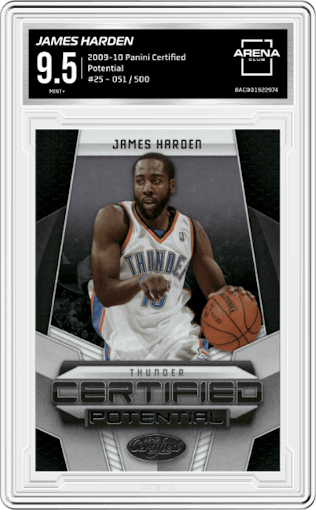 James Harden from the 2009-10 Panini Certified set graded by Arena Club and given an overall grade of 9.5.