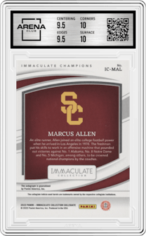 Marcus Allen from the 2022 Immaculate Collection Collegiate set featuring a Gold parallel graded by Arena Club and given an overall grade of 10.