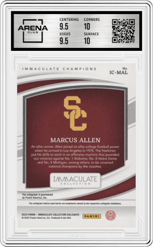 Marcus Allen from the 2022 Immaculate Collection Collegiate set featuring a Gold parallel graded by Arena Club and given an overall grade of 10.