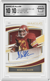 Marcus Allen from the 2022 Immaculate Collection Collegiate set featuring a Gold parallel graded by Arena Club and given an overall grade of 10.