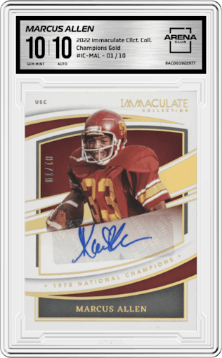Marcus Allen from the 2022 Immaculate Collection Collegiate set featuring a Gold parallel graded by Arena Club and given an overall grade of 10.