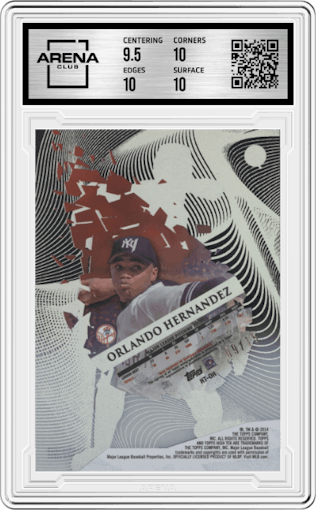 Orlando Hernandez from the 2014 Topps High Tek set featuring a Black & White Image parallel graded by Arena Club and given an overall grade of 10.