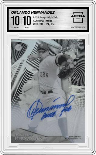 Orlando Hernandez from the 2014 Topps High Tek set featuring a Black & White Image parallel graded by Arena Club and given an overall grade of 10.