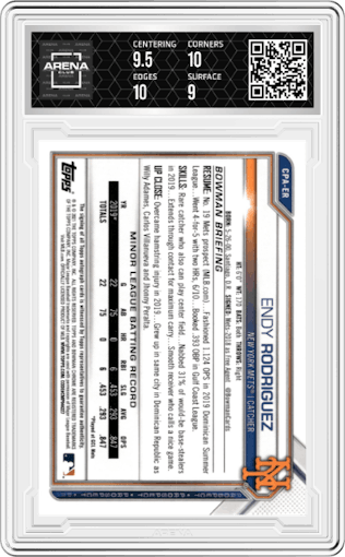 Endy Rodriguez from the 2021 Bowman set graded by Arena Club and given an overall grade of 9.5.