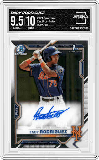 Endy Rodriguez from the 2021 Bowman set graded by Arena Club and given an overall grade of 9.5.