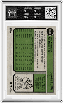 Joe Musgrove from the 2023 Topps Heritage set featuring a Special Edition Red Ink parallel graded by Arena Club and given an overall grade of 9.