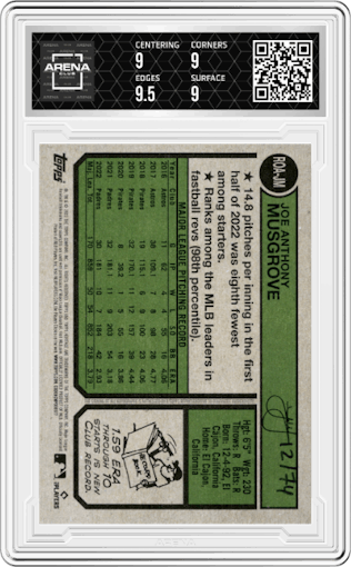 Joe Musgrove from the 2023 Topps Heritage set featuring a Special Edition Red Ink parallel graded by Arena Club and given an overall grade of 9.