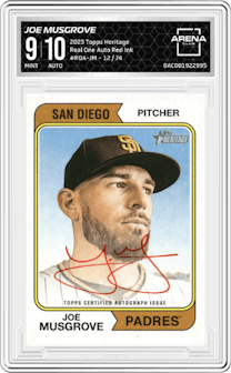 Joe Musgrove from the 2023 Topps Heritage set featuring a Special Edition Red Ink parallel graded by Arena Club and given an overall grade of 9.