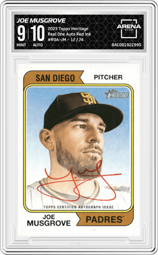 Joe Musgrove from the 2023 Topps Heritage set featuring a Special Edition Red Ink parallel graded by Arena Club and given an overall grade of 9.