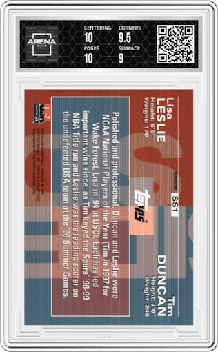 Tim Duncan/Lisa Leslie from the 2000 Topps Team USA set featuring a Non-Refractor/Refractor parallel graded by Arena Club and given an overall grade of 9.5.