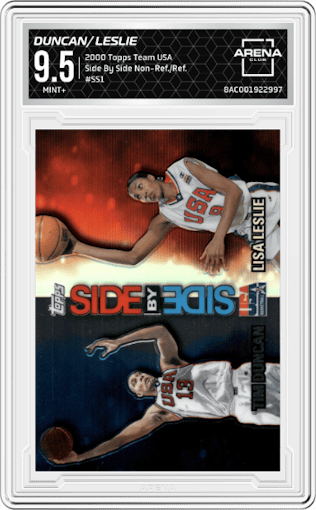 Tim Duncan/Lisa Leslie from the 2000 Topps Team USA set featuring a Non-Refractor/Refractor parallel graded by Arena Club and given an overall grade of 9.5.