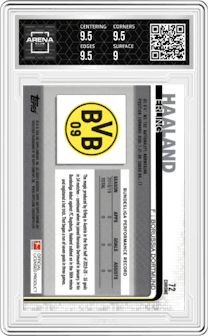 Erling Haaland from the 2019-20 Topps Chrome Bundesliga set graded by Arena Club and given an overall grade of 9.5.