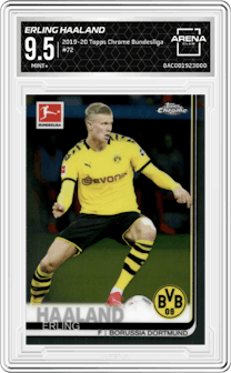 Erling Haaland from the 2019-20 Topps Chrome Bundesliga set graded by Arena Club and given an overall grade of 9.5.