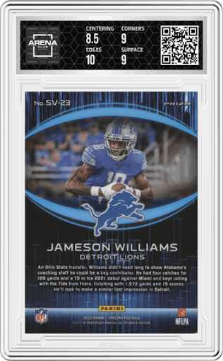 Jameson Williams from the 2022 Panini Spectra set graded by Arena Club and given an overall grade of 9.