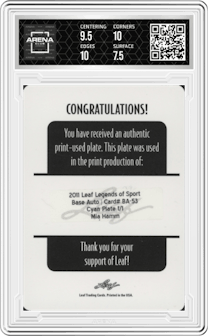 Mia Hamm from the 2011 Leaf Legends of Sport set featuring a Printing Plate Cyan parallel graded by Arena Club and given an overall grade of 8.