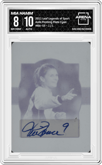 Mia Hamm from the 2011 Leaf Legends of Sport set featuring a Printing Plate Cyan parallel graded by Arena Club and given an overall grade of 8.