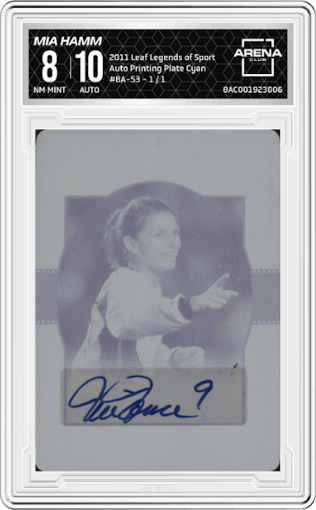 Mia Hamm from the 2011 Leaf Legends of Sport set featuring a Printing Plate Cyan parallel graded by Arena Club and given an overall grade of 8.