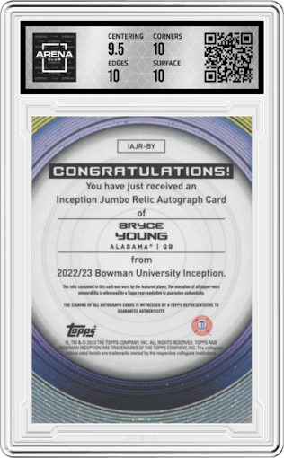 Bryce Young from the 2022-23 Bowman University Inception set graded by Arena Club and given an overall grade of 10.