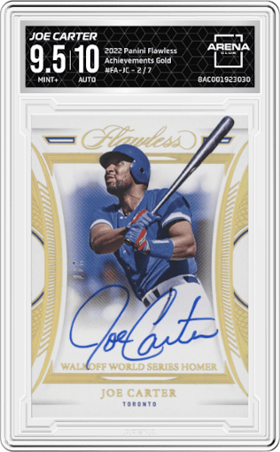 Joe Carter from the 2022 Panini Flawless set featuring a Gold parallel graded by Arena Club and given an overall grade of 9.5.