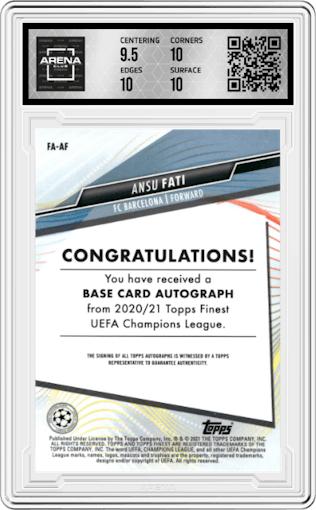 Ansu Fati from the 2020-21 Topps Finest UEFA Champions League set graded by Arena Club and given an overall grade of 10.