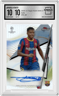 Ansu Fati from the 2020-21 Topps Finest UEFA Champions League set graded by Arena Club and given an overall grade of 10.