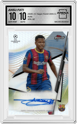 Ansu Fati from the 2020-21 Topps Finest UEFA Champions League set graded by Arena Club and given an overall grade of 10.