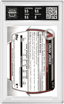 Druw Jones from the 2023 Bowman  set featuring a Lunar Glow Refractor  parallel graded by Arena Club and given an overall grade of 8.5.