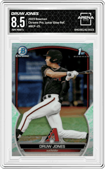 Druw Jones from the 2023 Bowman  set featuring a Lunar Glow Refractor  parallel graded by Arena Club and given an overall grade of 8.5.