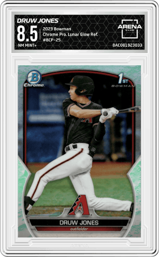Druw Jones from the 2023 Bowman  set featuring a Lunar Glow Refractor  parallel graded by Arena Club and given an overall grade of 8.5.