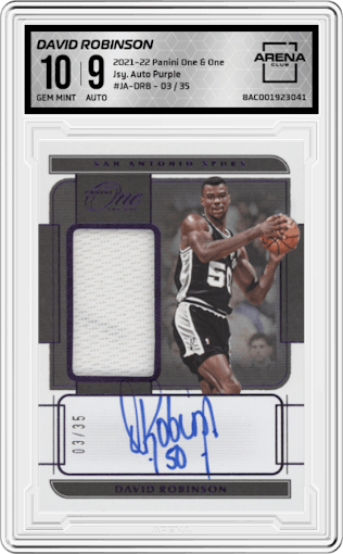 David Robinson from the 2021-22 Panini One and One set featuring a Purple parallel graded by Arena Club and given an overall grade of 10.
