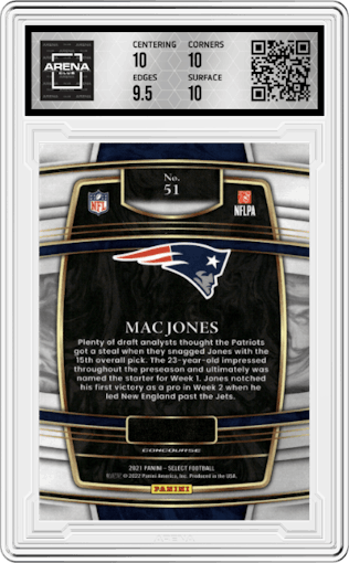 Mac Jones from the 2021 Panini Select set graded by Arena Club and given an overall grade of 10.