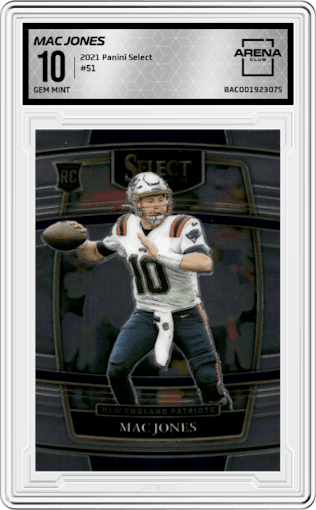 Mac Jones from the 2021 Panini Select set graded by Arena Club and given an overall grade of 10.