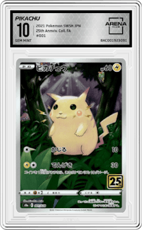 Pikachu from the 2021 Pokemon SWSH JPN set graded by Arena Club and given an overall grade of 10.