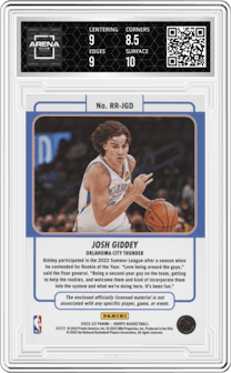 Josh Giddey from the 2022-23 Panini NBA Hoops set graded by Arena Club and given an overall grade of 9.