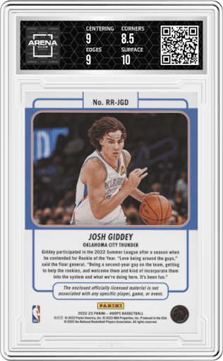 Josh Giddey from the 2022-23 Panini NBA Hoops set graded by Arena Club and given an overall grade of 9.