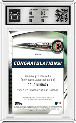 Doug Nikhazy from the 2022 Bowman Platinum set graded by Arena Club and given an overall grade of 10.