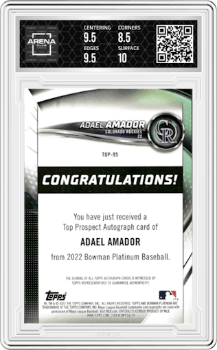 Adael Amador from the 2022 Bowman Platinum set featuring a Blue parallel graded by Arena Club and given an overall grade of 9.